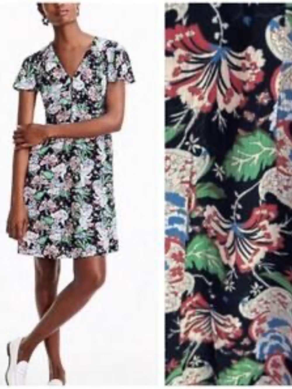 J. Crew Sz 2 Black Floral V-Neck Short Sleeve Mini Dress